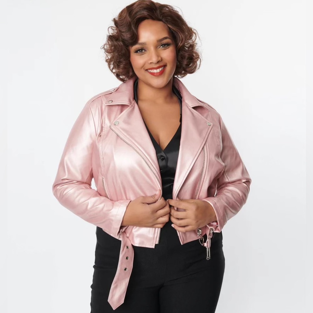 Unique Vintage Pink Shimmer Vegan Leather Moto Jacket